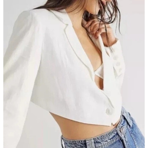 Free People $148 Coco Cropped Blazer Pink Linen Blend New Small Beachy Festival - Picture 6 of 8